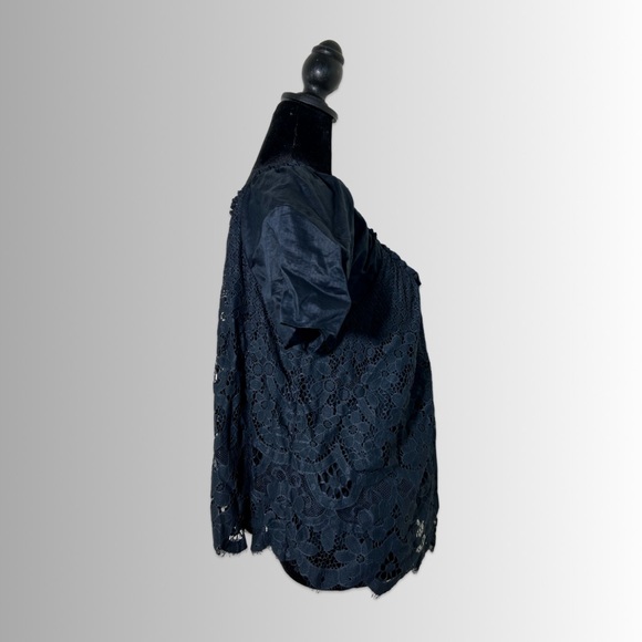 Anthropologie Moulinette Soeurs Navy Blue Lace Puff Sleeve Crop Top, Size Large - Picture 5 of 7